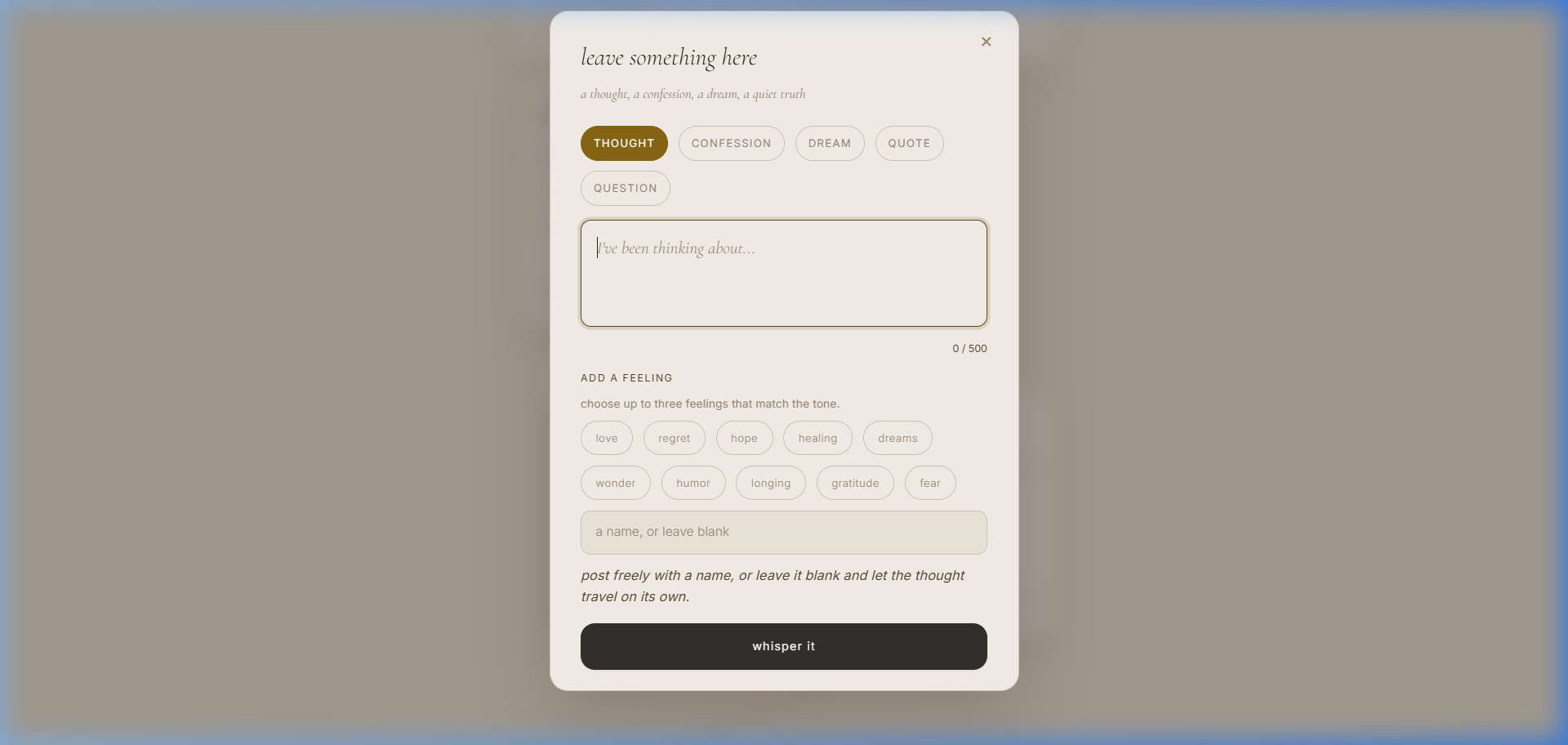 Whisper Creation Modal with Feelings