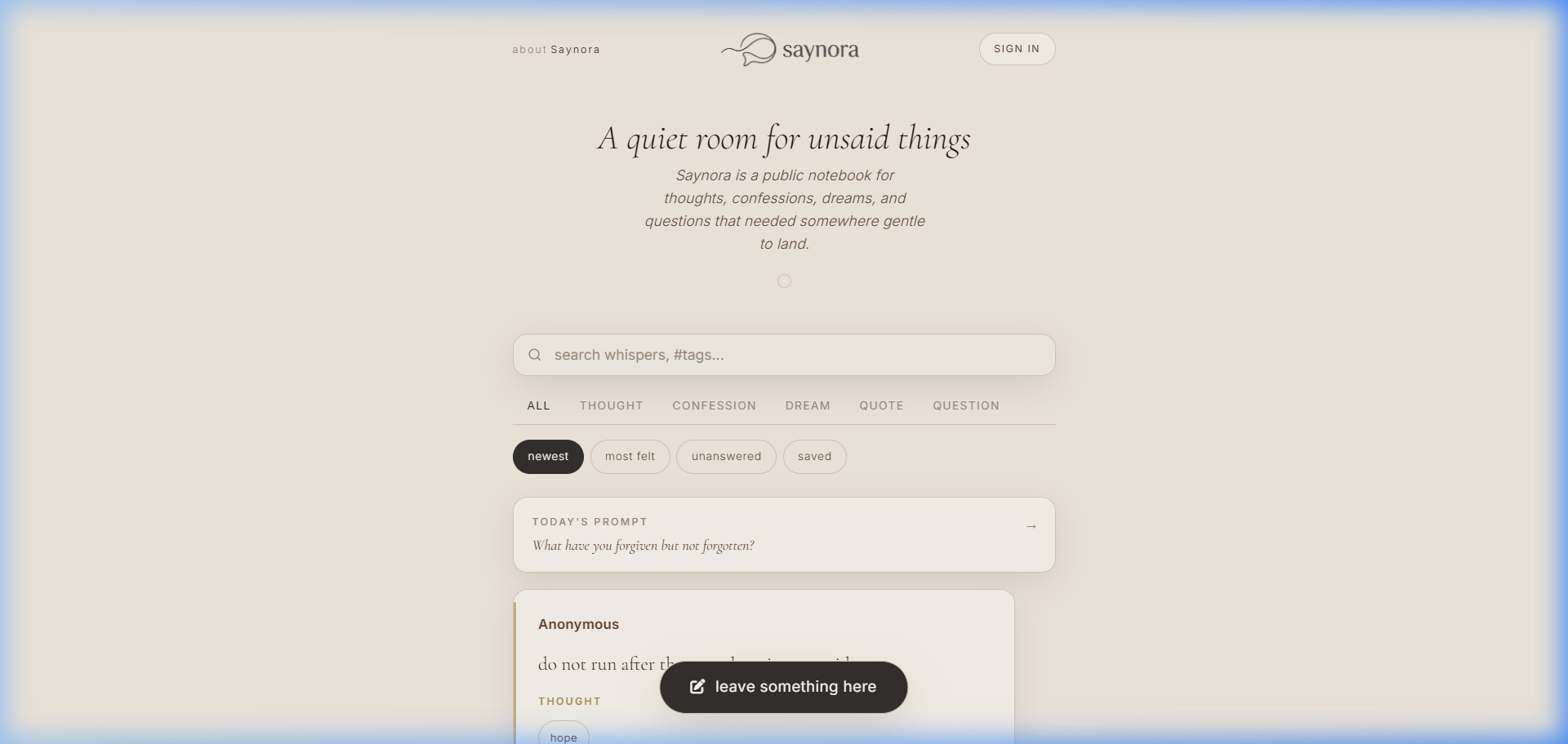Saynora Landing Page & Feed